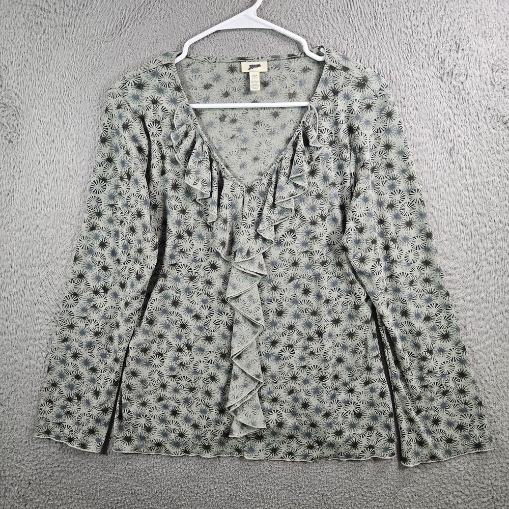 J Jill Top blouse Women XL Petite‎ V-Neck Stretch Ruffle Long Sleeve Gray
